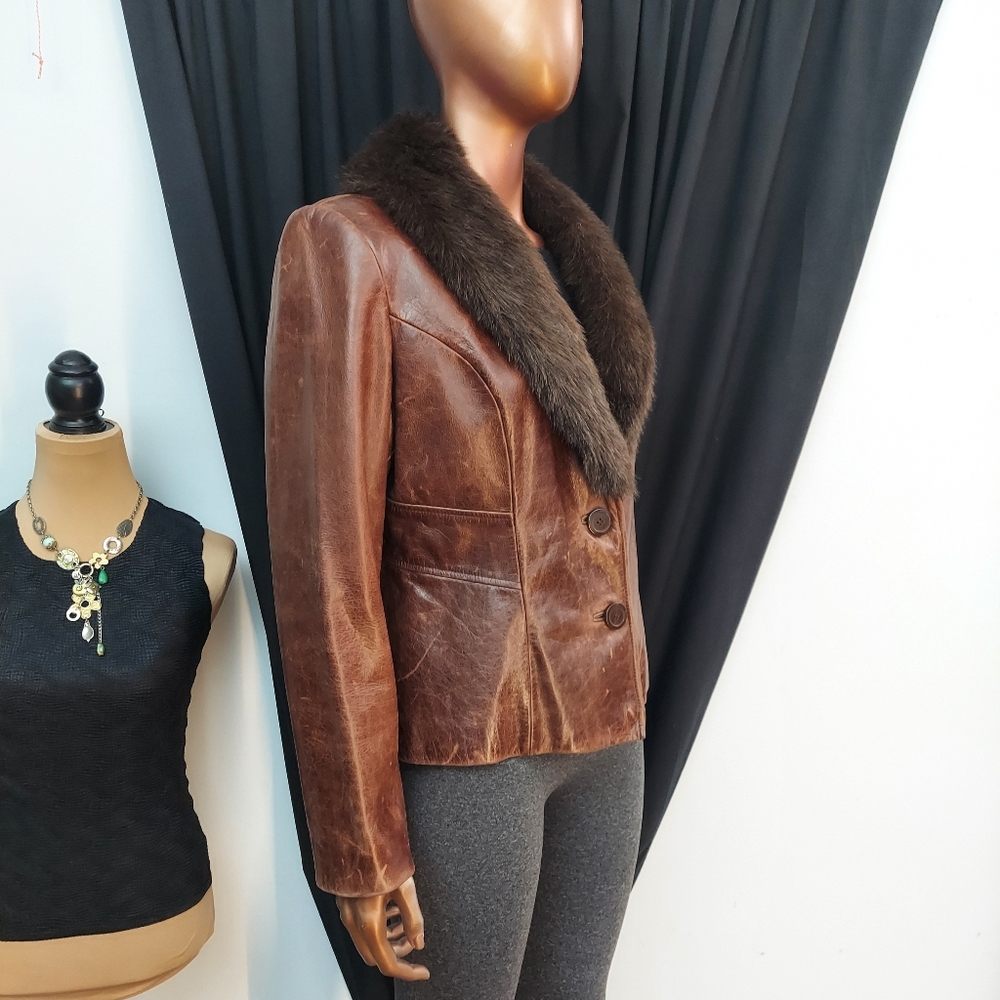 Guess Brown Leather Jacket with Faux Fur Collar - Picture 2 of 15